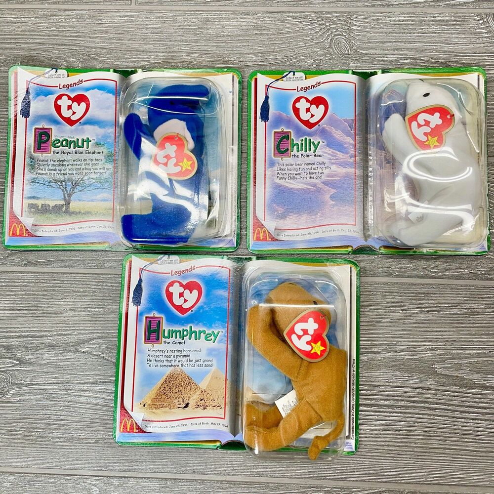 THREE Vintage Ty Beanie Babies Mcdonalds Legends Peanut Chilly Humphrey NEW